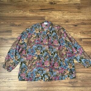 TanJay Floral Button Up Blouse Colourful Floral Lightweight 2X Boho Cottage